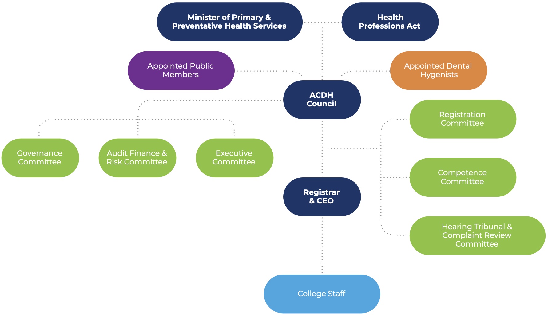 ACDH organizational structure chart showing the Minister and Health Professions Act at the top, flowing through appointed public members and dental hygienists to ACDH Council, its committees, the Registrar & CEO, and College Staff